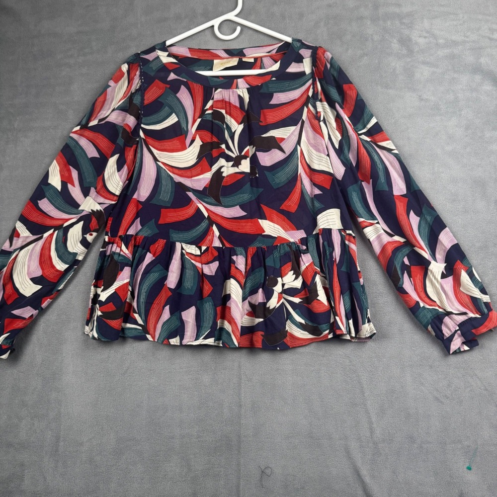 Maeve Anthropologie Abstract Geometric Peplum Blouse Navy Red Small Long‎ Sleeve